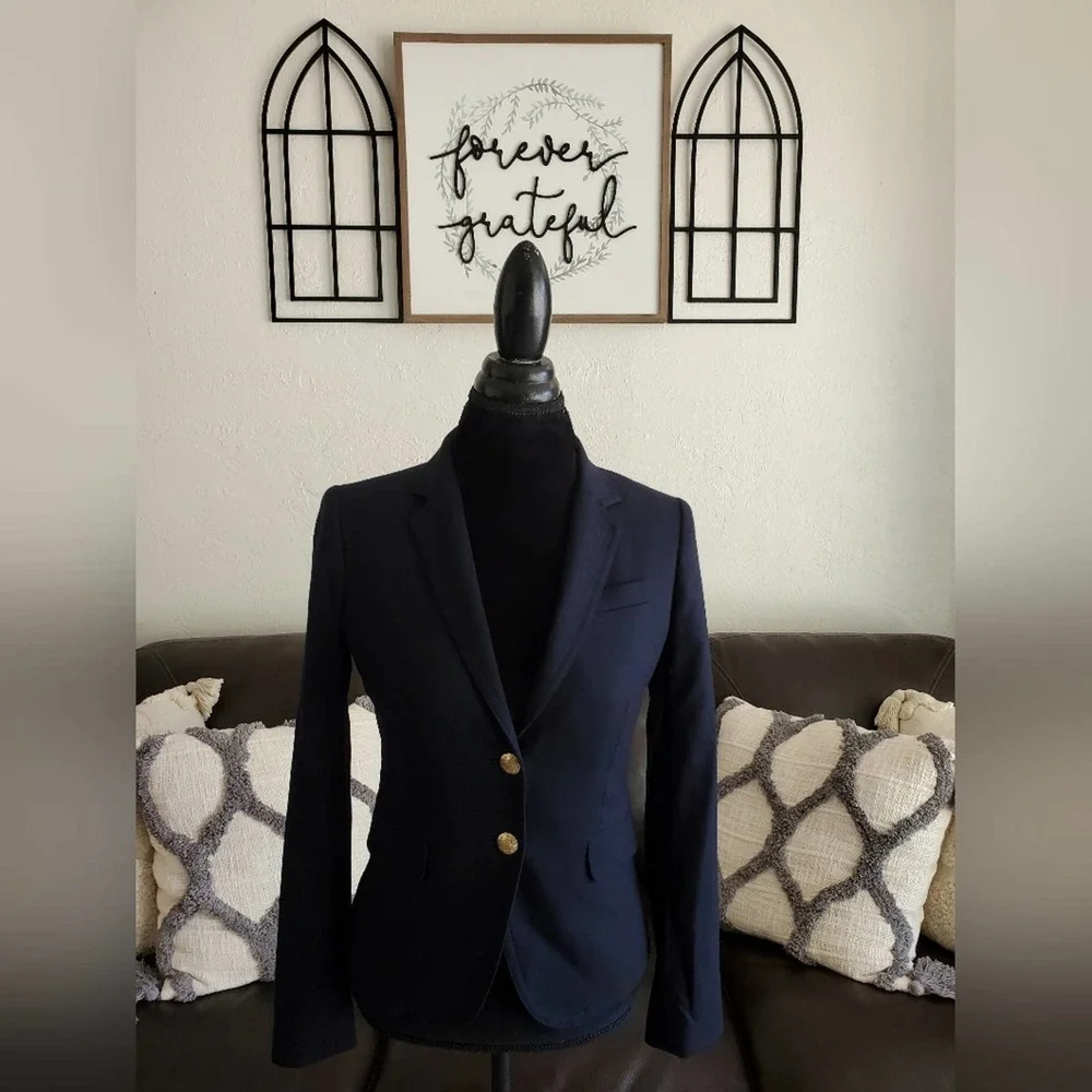 J Crew Navy Blue SchoolBoy Blazer Jacket Size 0 Wool Blend Classic Designer Boho
